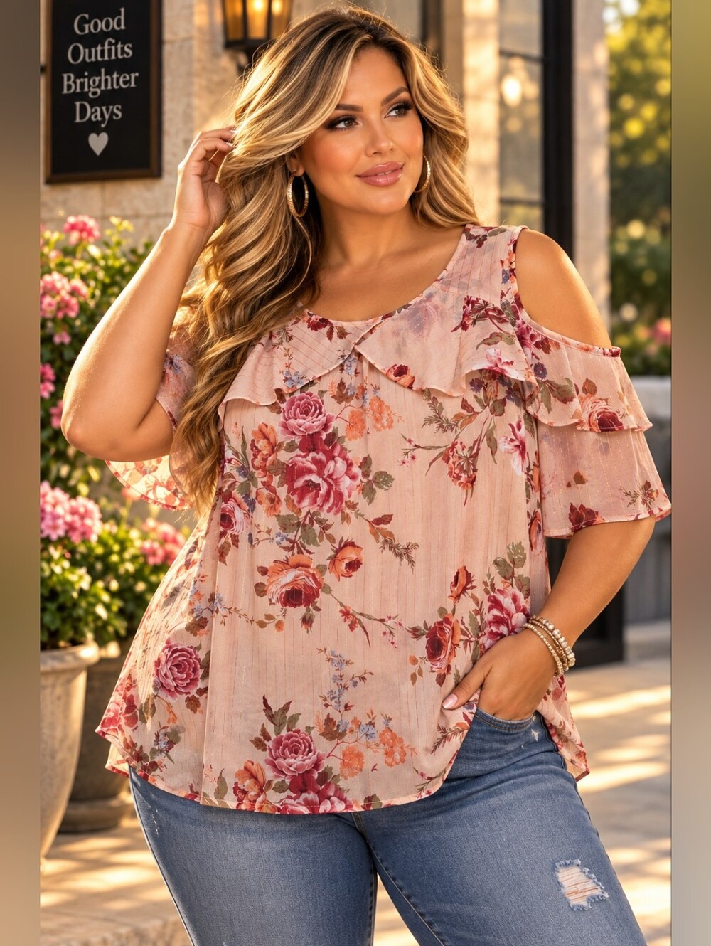 Roz & Ali Peach Floral Cold Shoulder Lurex Blouse Size 3X